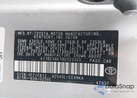 2009 Toyota Camry Le from USA, damaged, VIN 4T1BE46K19U323355